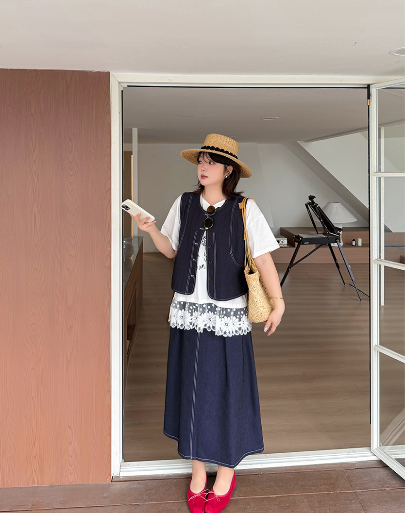 大きいサイズ レディース セットアップ（フェイクデニムステッチベスト＋スカート） LL 3L 4L 5L