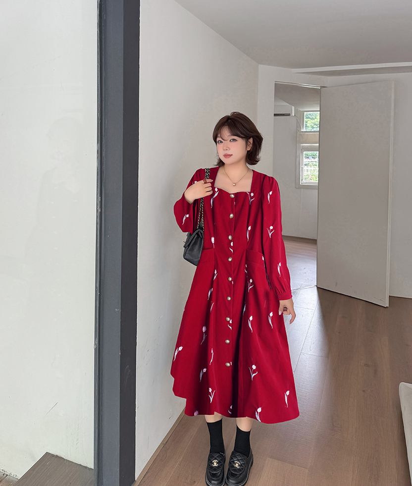 大きいサイズ レディース フレンチスクエアネックチューリップ刺繍ベルベットワンピース LL 3L 4L 5L