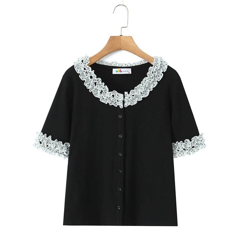 大きいサイズ レディース ドット柄レーストリム半袖トップス LL 3L 4L 5L