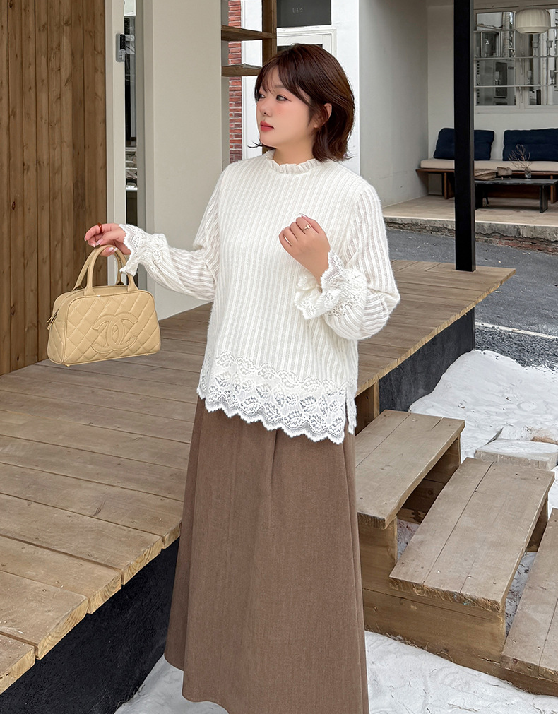 大きいサイズ レディース ストライプ×レース フレンチガーリーブラウス LL 3L 4L 5L
