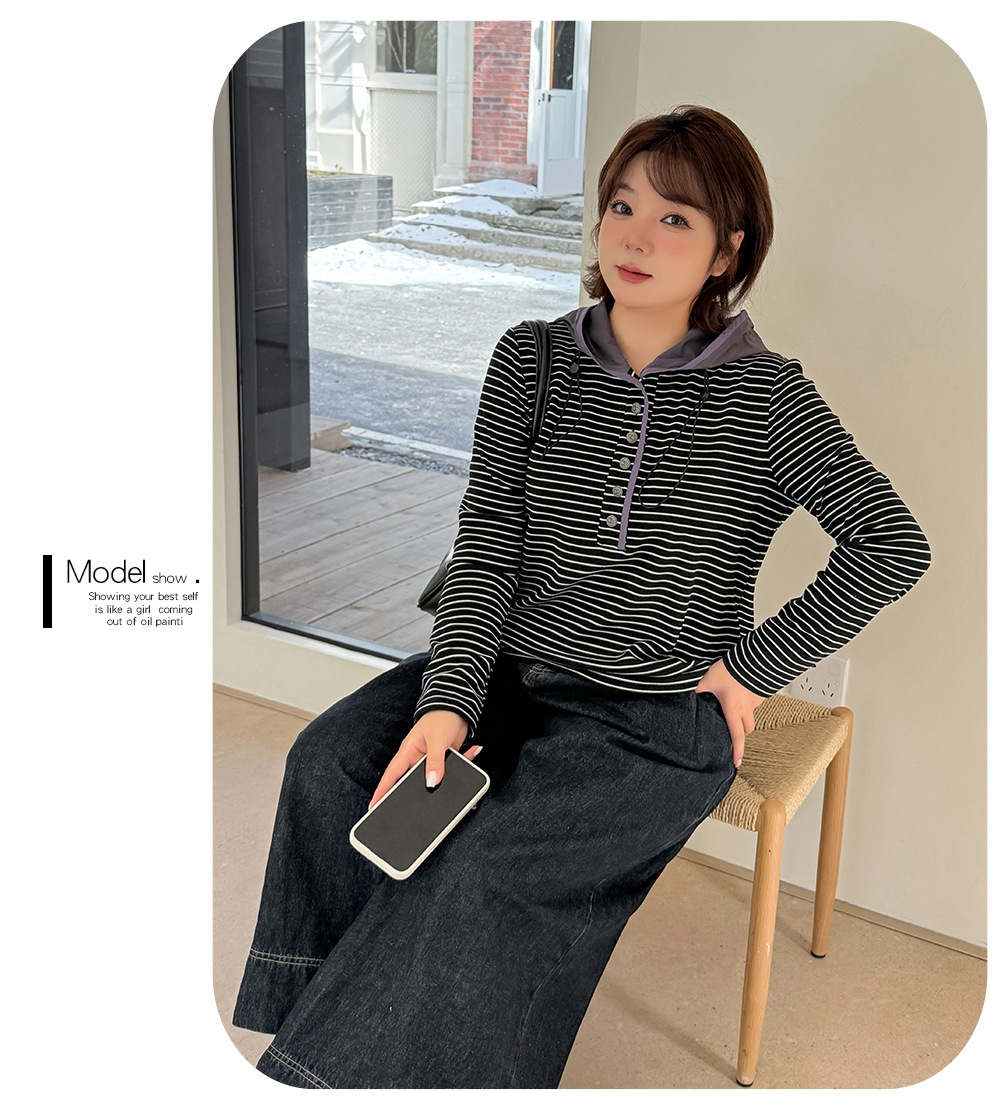大きいサイズ レディース フード付きストライプ柄ベースレイヤーフリースシャツ LL 3L 4L 5L
