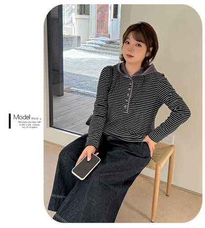 大きいサイズ レディース フード付きストライプ柄ベースレイヤーフリースシャツ LL 3L 4L 5L