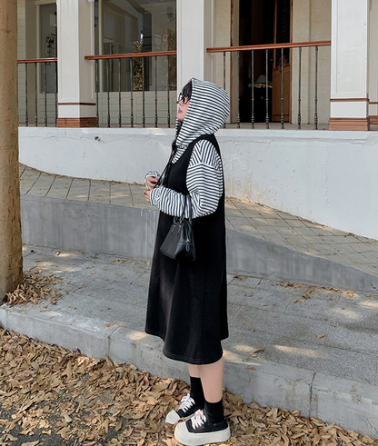 大きいサイズ レディース ストライプパーカー+サスペンダーワンピース2点セット  LL 3L 4L 5L