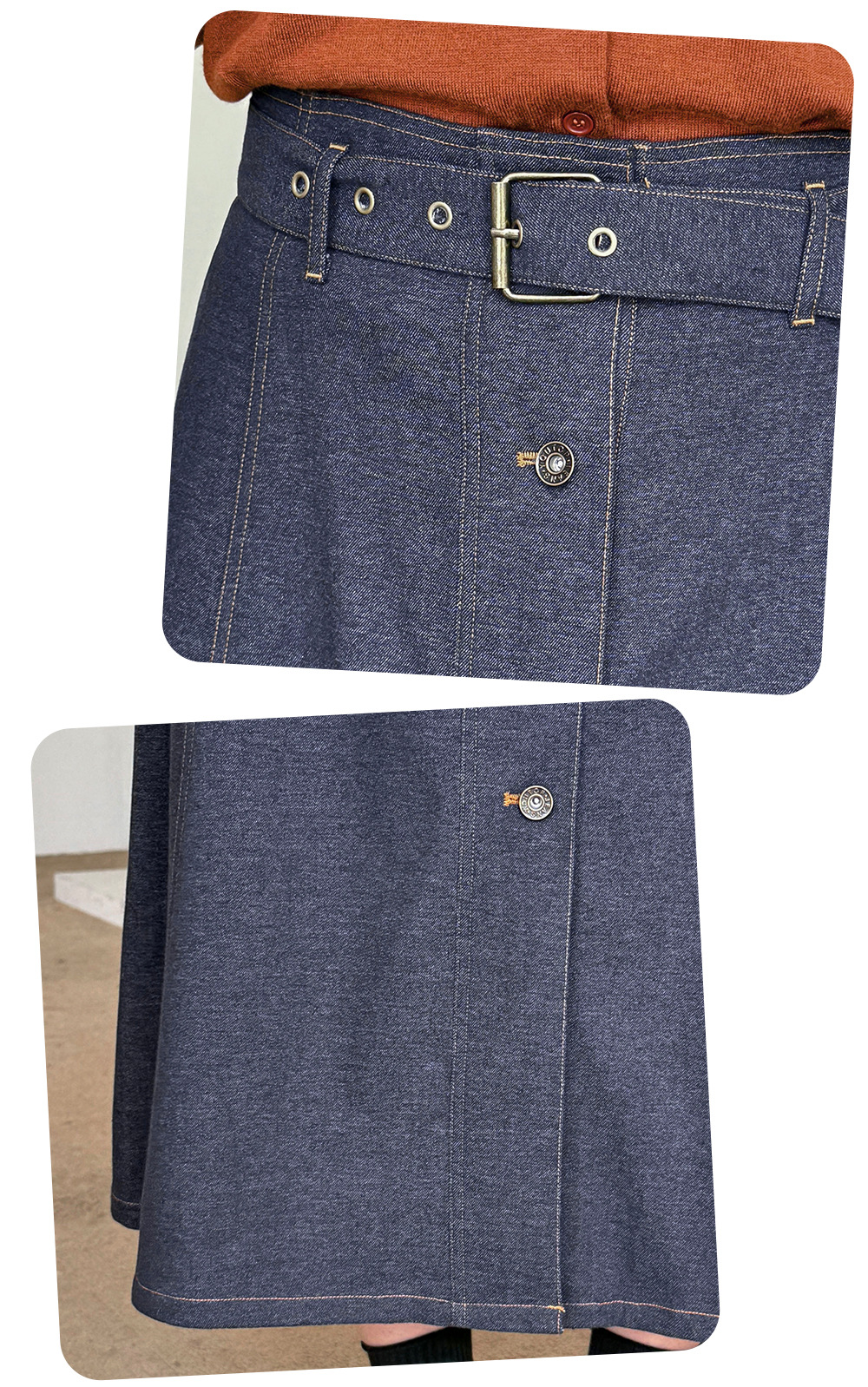 大きいサイズ レディース 起毛フェイクデニムベルト付ボタンダウンロングスカート LL 3L 4L 5L