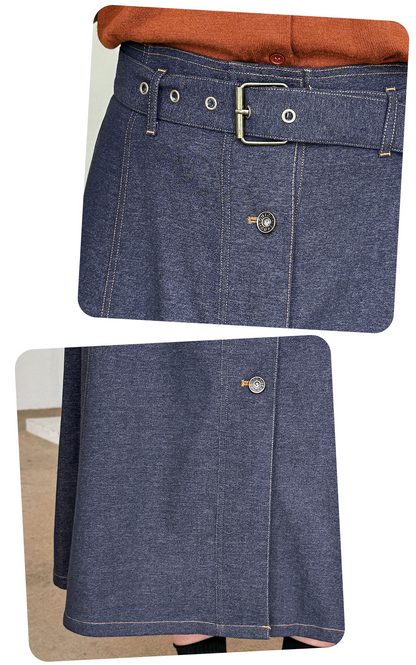 大きいサイズ レディース 起毛フェイクデニムベルト付ボタンダウンロングスカート LL 3L 4L 5L