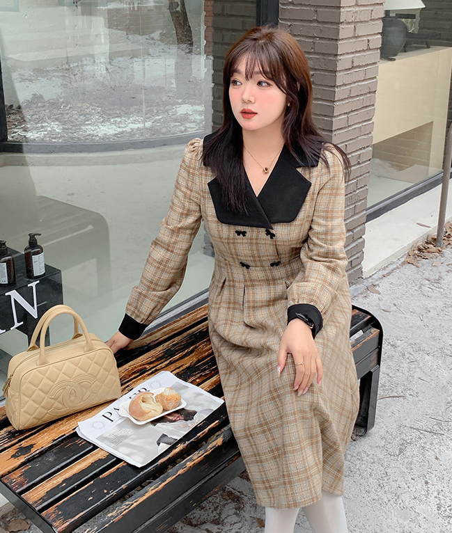 大きいサイズ レディース ブラックラペルフロックリボンチェック柄プリーツワンピース LL 3L 4L 5L