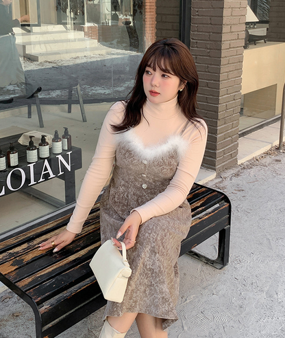 大きいサイズ レディース  ファーベルベットスリップワンピースヴィンテージプリント LL 3L 4L 5L