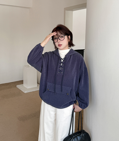 大きいサイズ レディース フード付きドローストリング厚手スウェットパーカー LL 3L 4L 5L