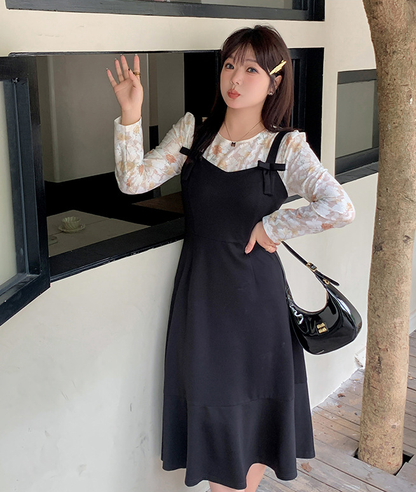 大きいサイズ レディース 花柄レースボトムシャツ+サスペンダースカート2点セット LL 3L 4L 5L