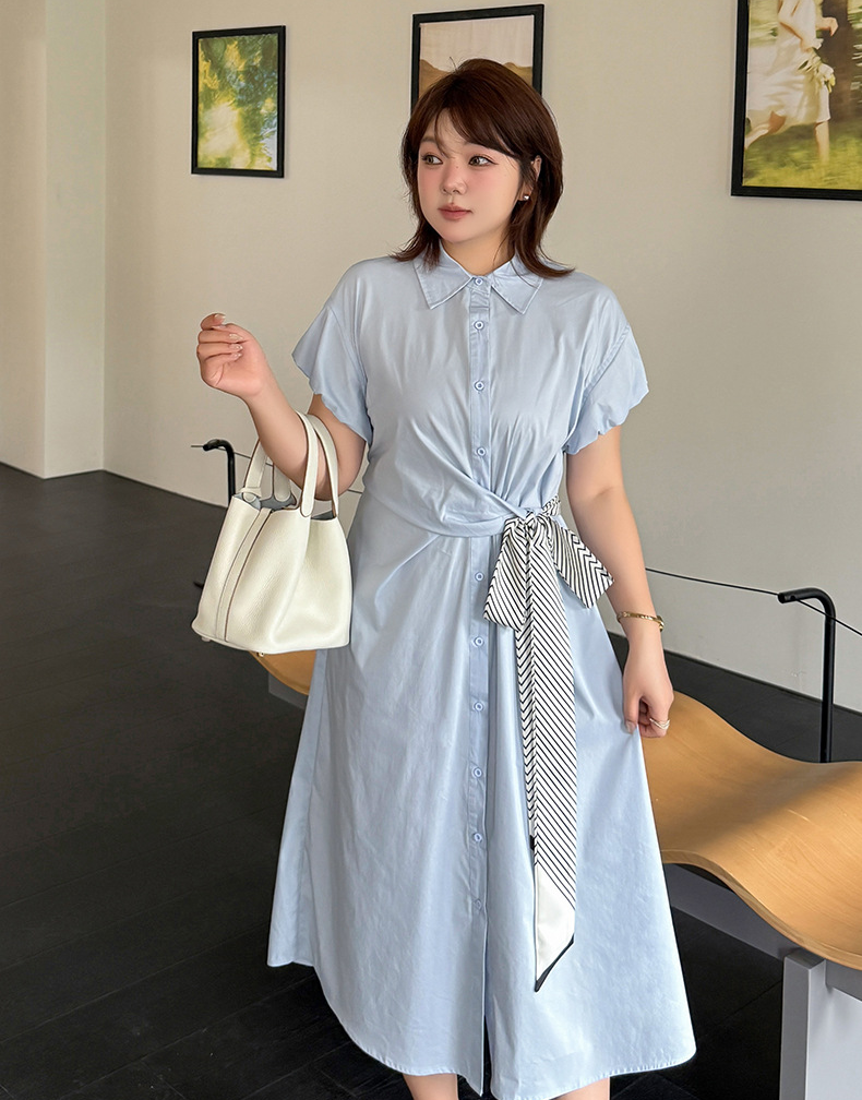 大きいサイズ レディース ストライプリボンウエストシャツワンピース LL 3L 4L 5L 6L