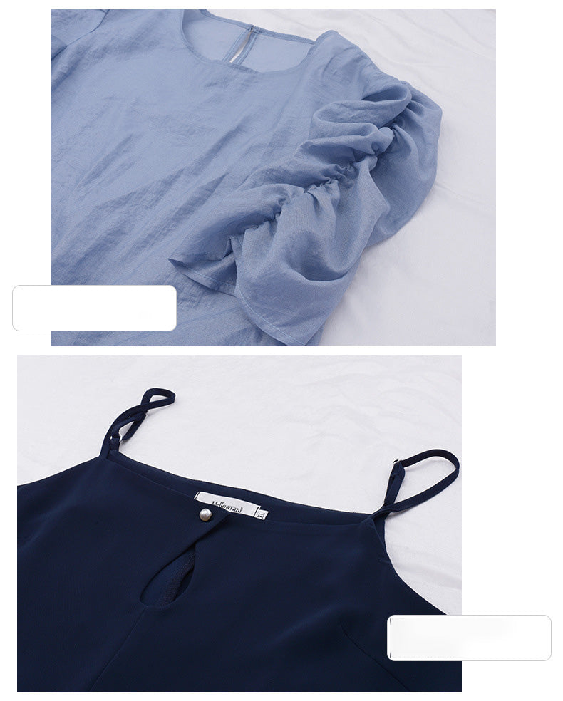 大きいサイズ レディース プリーツパフスリーブブラウス+サスペンダーワンピース LL 3L 4L 5L