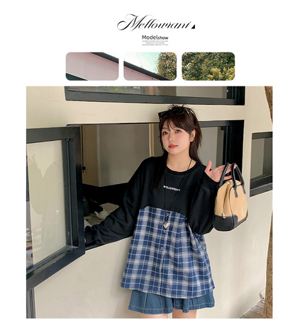 大きいサイズ レディース フェイクツーピースチェック柄スウェットシャツ LL 3L 4L 5L