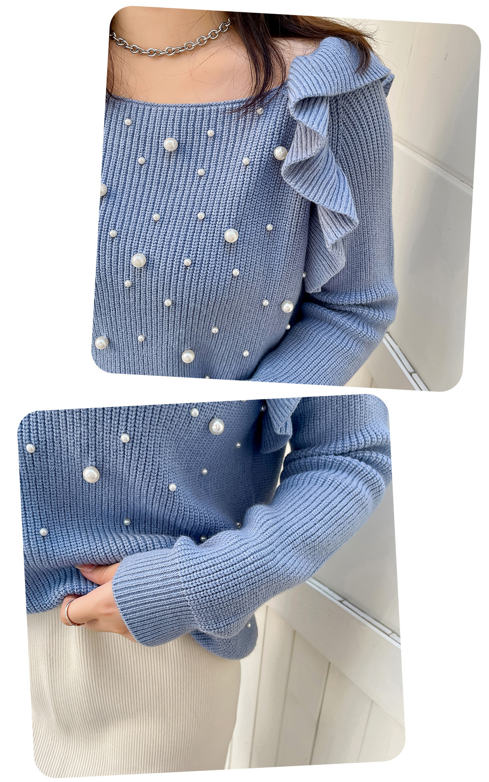 大きいサイズ レディース ビーズフリルオフショルダーニットセーター LL 3L 4L 5L