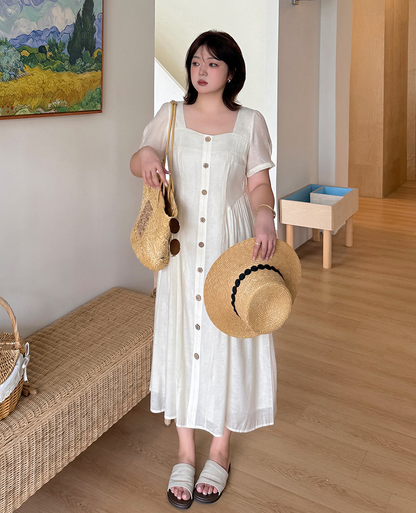 大きいサイズ レディース スクエアネック木目フラワーボタンマキシワンピース LL 3L 4L 5L