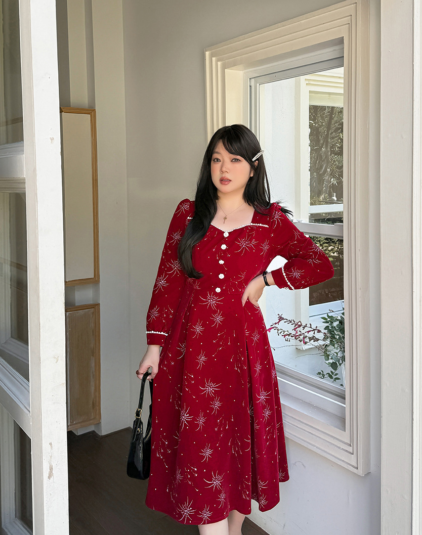 大きいサイズ レディース ビーズ花火柄ベルベットフレンチワンピース LL 3L 4L 5L