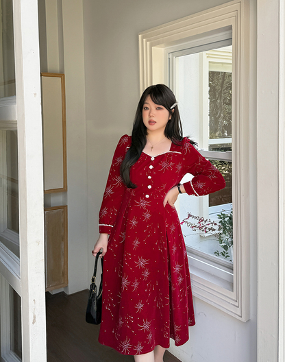 大きいサイズ レディース ビーズ花火柄ベルベットフレンチワンピース LL 3L 4L 5L