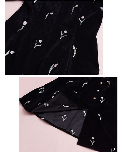 大きいサイズ レディース フレンチスクエアネックチューリップ刺繍ベルベットワンピース LL 3L 4L 5L