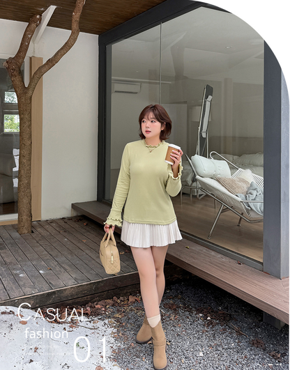 大きいサイズ レディース フリルネックスリムフィット長袖トップス LL 3L 4L 5L