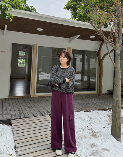 大きいサイズ レディース ニットフリース裏地ワイドレッグカーゴパンツ LL 3L 4L 5L