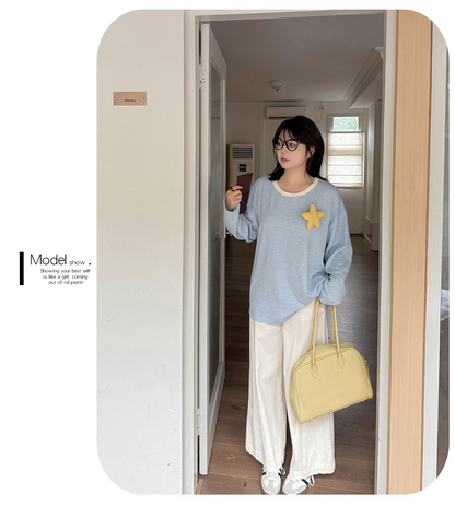 大きいサイズ レディース 星飾り付きラウンドネックニット長袖ストライプTシャツ LL 3L 4L 5L
