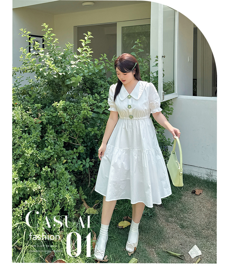 大きいサイズ レディース 小花ボタン飾りコットンフリルワンピース LL 3L 4L 5L