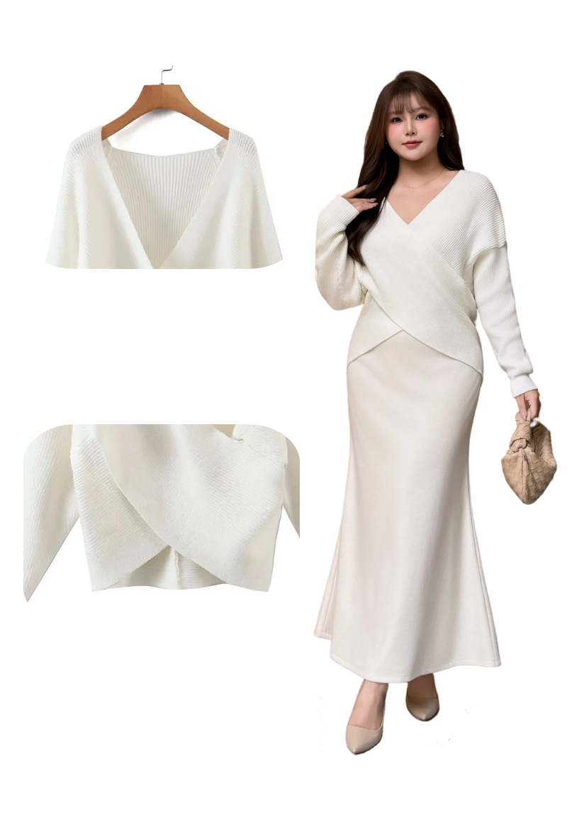 大きいサイズ レディース クロスオーバーVネックエレガントスリーピース（セーター+スカート+ショール） L LL 3L 4L F フリーサイズ