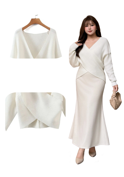 大きいサイズ レディース クロスオーバーVネックエレガントスリーピース（セーター+スカート+ショール） L LL 3L 4L F フリーサイズ