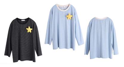 大きいサイズ レディース 星飾り付きラウンドネックニット長袖ストライプTシャツ LL 3L 4L 5L