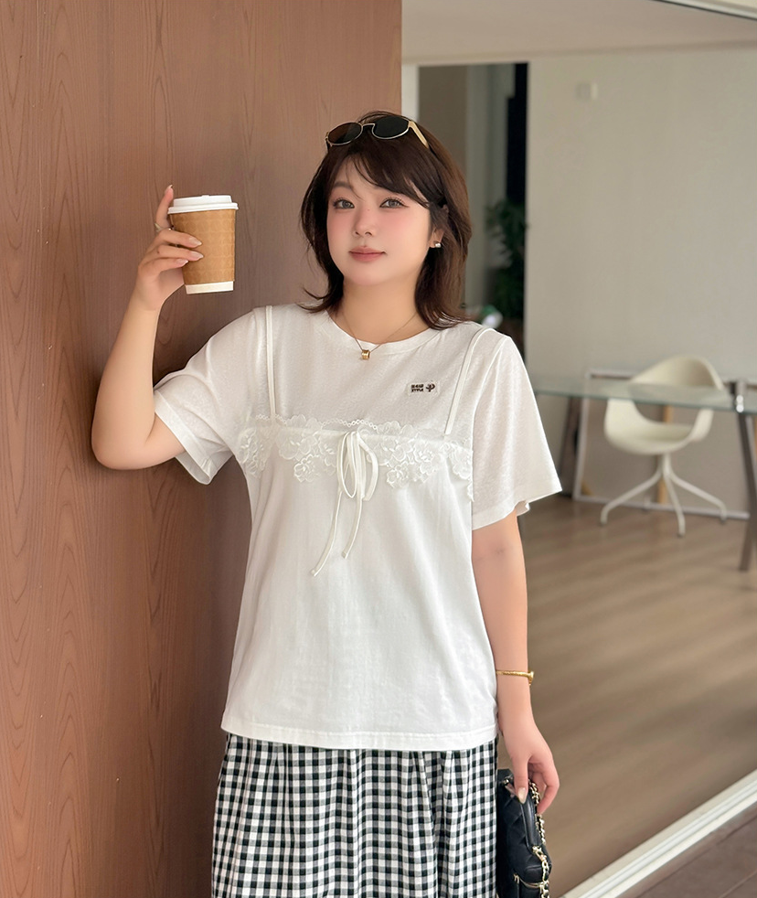 大きいサイズ レディース フェイクレイヤードレースリボンTシャツ LL 3L 4L 5L