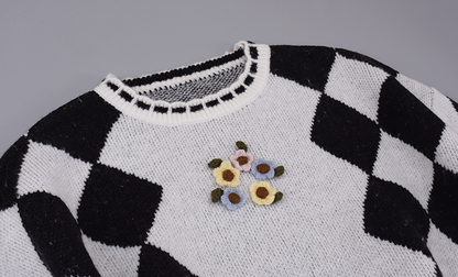 大きいサイズ レディース ラウンドネックレトロ小花ダイヤ柄プルオーバーセーター LL 3L 4L