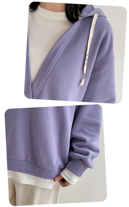 大きいサイズ レディース フード付き厚手フェイクツーピースカジュアルスウェットシャツ LL 3L 4L 5L