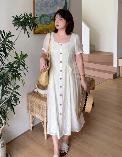 大きいサイズ レディース スクエアネック木目フラワーボタンマキシワンピース LL 3L 4L 5L