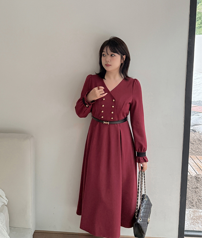 大きいサイズ レディース フリルVネックダブルブレストワンピース（ベルト別売） LL 3L 4L 5L