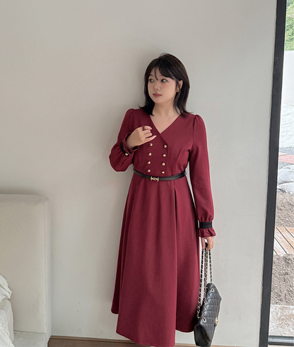 大きいサイズ レディース フリルVネックダブルブレストワンピース（ベルト別売） LL 3L 4L 5L