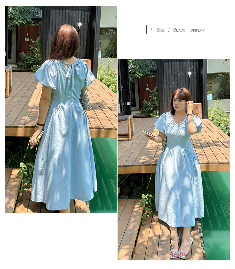 大きいサイズ レディース Vネックバックリボンギャザーワンピース LL 3L 4L 5L
