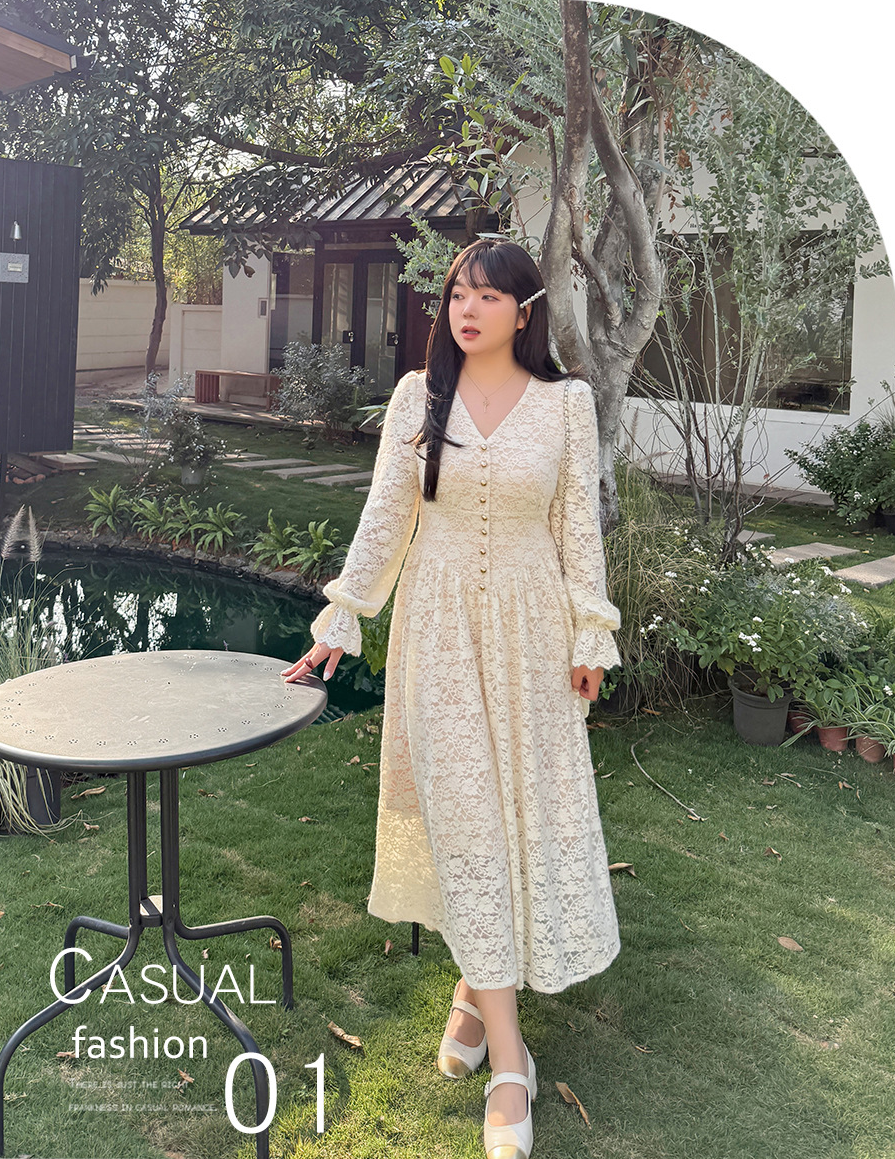 大きいサイズ レディース Vネックビーズボタン花柄レースワンピース LL 3L 4L 5L