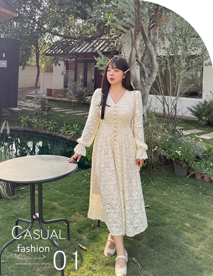 大きいサイズ レディース Vネックビーズボタン花柄レースワンピース LL 3L 4L 5L