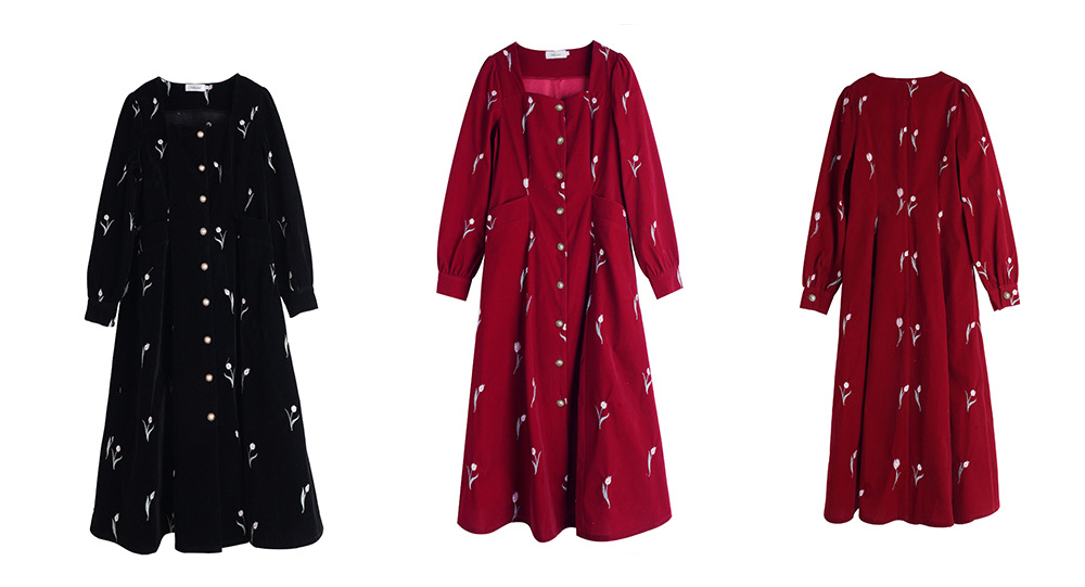 大きいサイズ レディース フレンチスクエアネックチューリップ刺繍ベルベットワンピース LL 3L 4L 5L