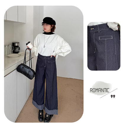 大きいサイズ レディース フェイクデニム折り返しワイドレッグパンツ LL 3L 4L 5L