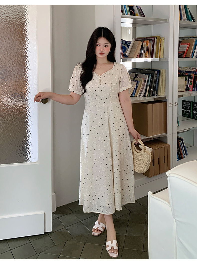 大きいサイズ レディース レースネックドット刺繍フレアワンピース LL 3L 4L 5L 6L