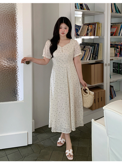 大きいサイズ レディース レースネックドット刺繍フレアワンピース LL 3L 4L 5L 6L