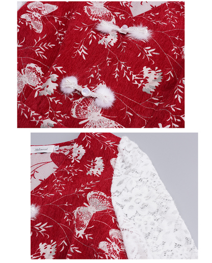 大きいサイズ レディース フェイクツーピースバタフライ刺繍レースワンピース LL 3L 4L 5L