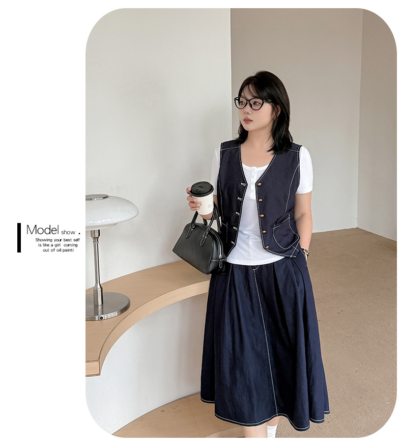 大きいサイズ レディース ネイビーブルーデニムツーピース（ベスト＋スカート） LL 3L 4L 5L