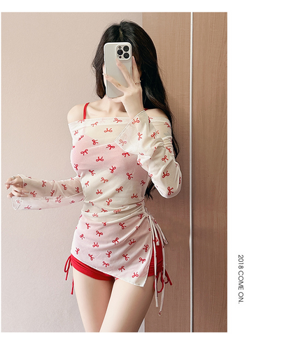 大きいサイズ レディース リボン柄シアートップス付きハイウエストセット水着 LL 3L 4L