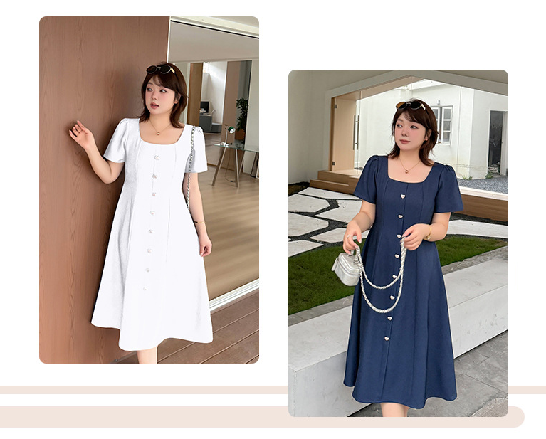 大きいサイズ レディース スクエアネックハートボタンワンピース LL 3L 4L 5L