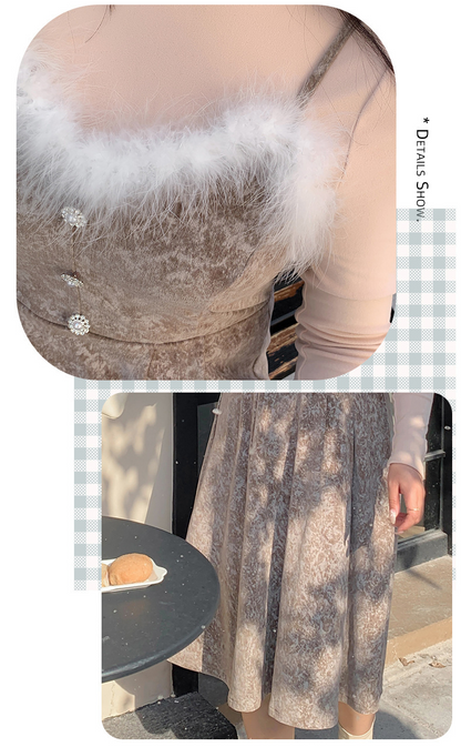 大きいサイズ レディース  ファーベルベットスリップワンピースヴィンテージプリント LL 3L 4L 5L