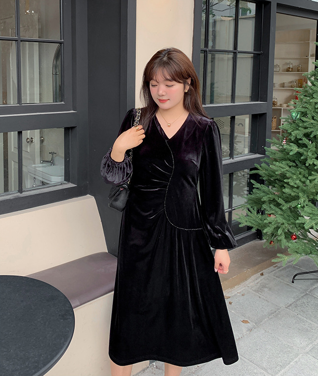 大きいサイズ レディース Vネックラインストーン装飾エレガントベルベットワンピース LL 3L 4L 5L