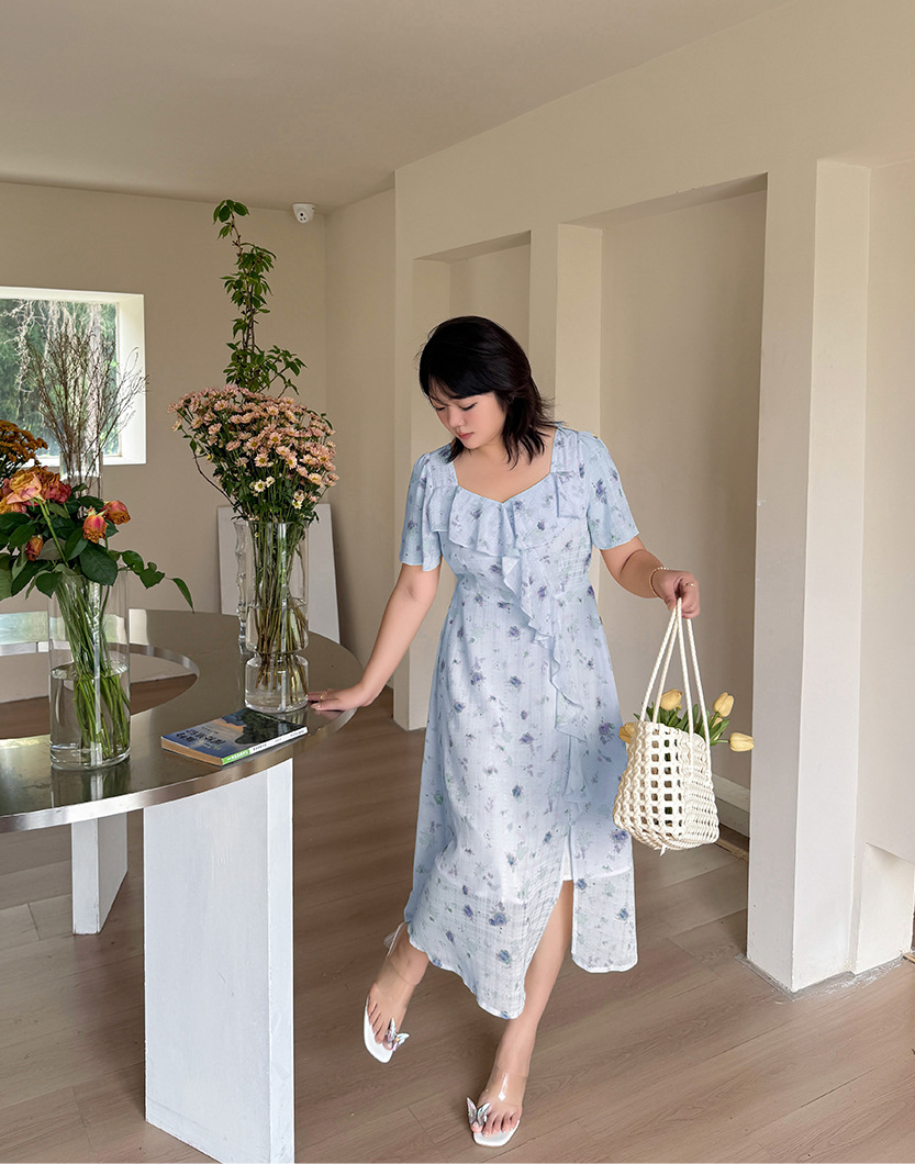 大きいサイズ レディース フレンチフリル花柄プリントワンピース LL 3L 4L 5L