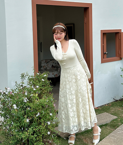 大きいサイズ レディース レース切替えVネックニットワンピース LL 3L 4L 5L