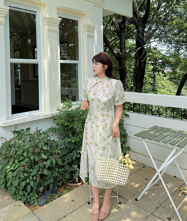 大きいサイズ レディース チャイナ風フラワープリントスリットワンピース LL 3L 4L 5L